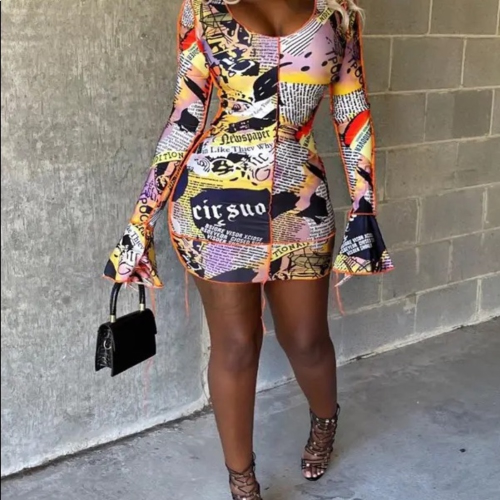 Newspaper Print Flare Bodycon Dress